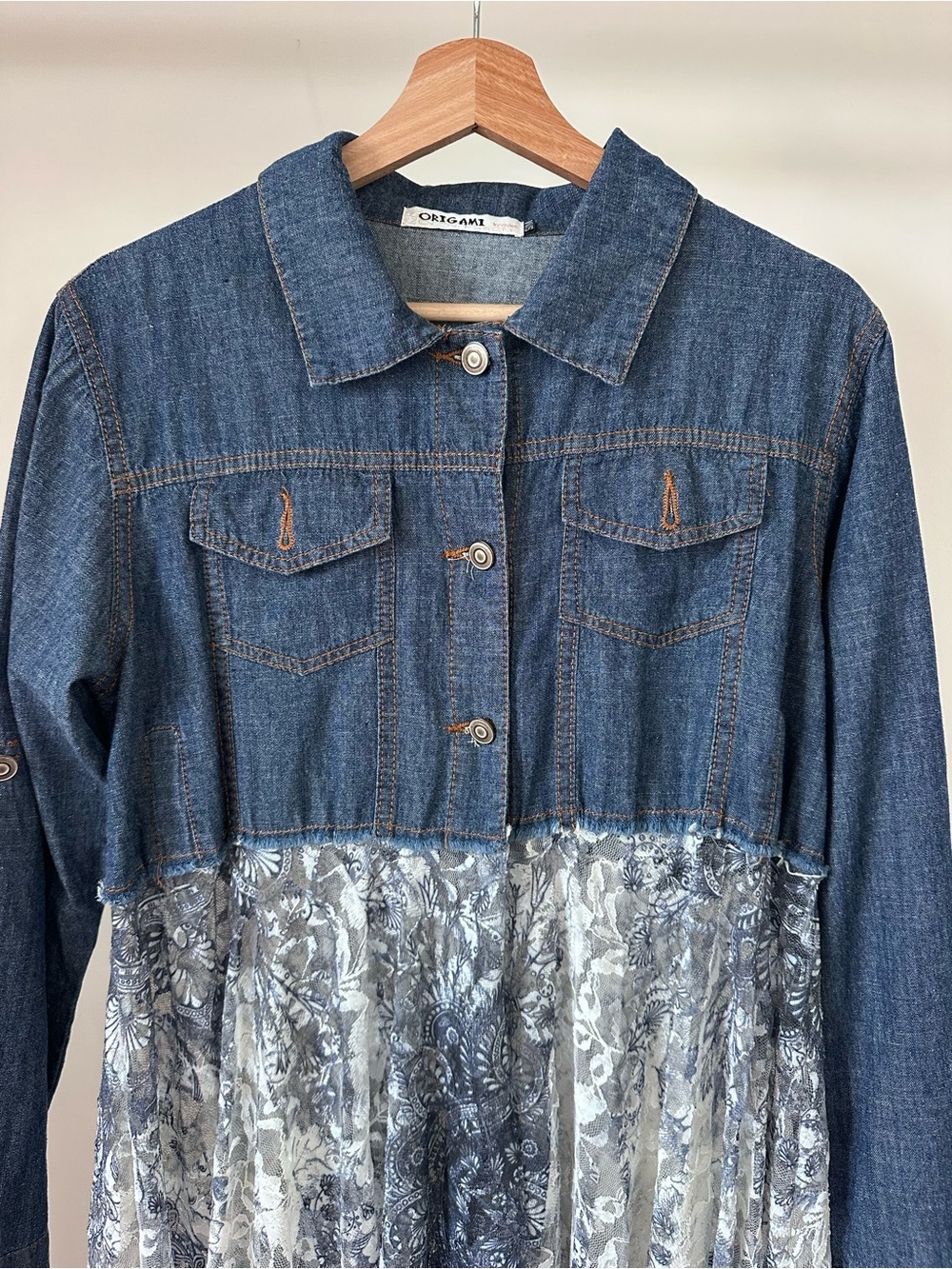 Origami Denim Jacket with Blue Marble Duster Panels - Picture 6 of 15